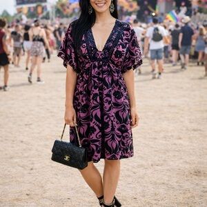 Hale Bob Burnout Velvet Silk Blend Babydoll Dress Purple Black Boho Whimsigoth S